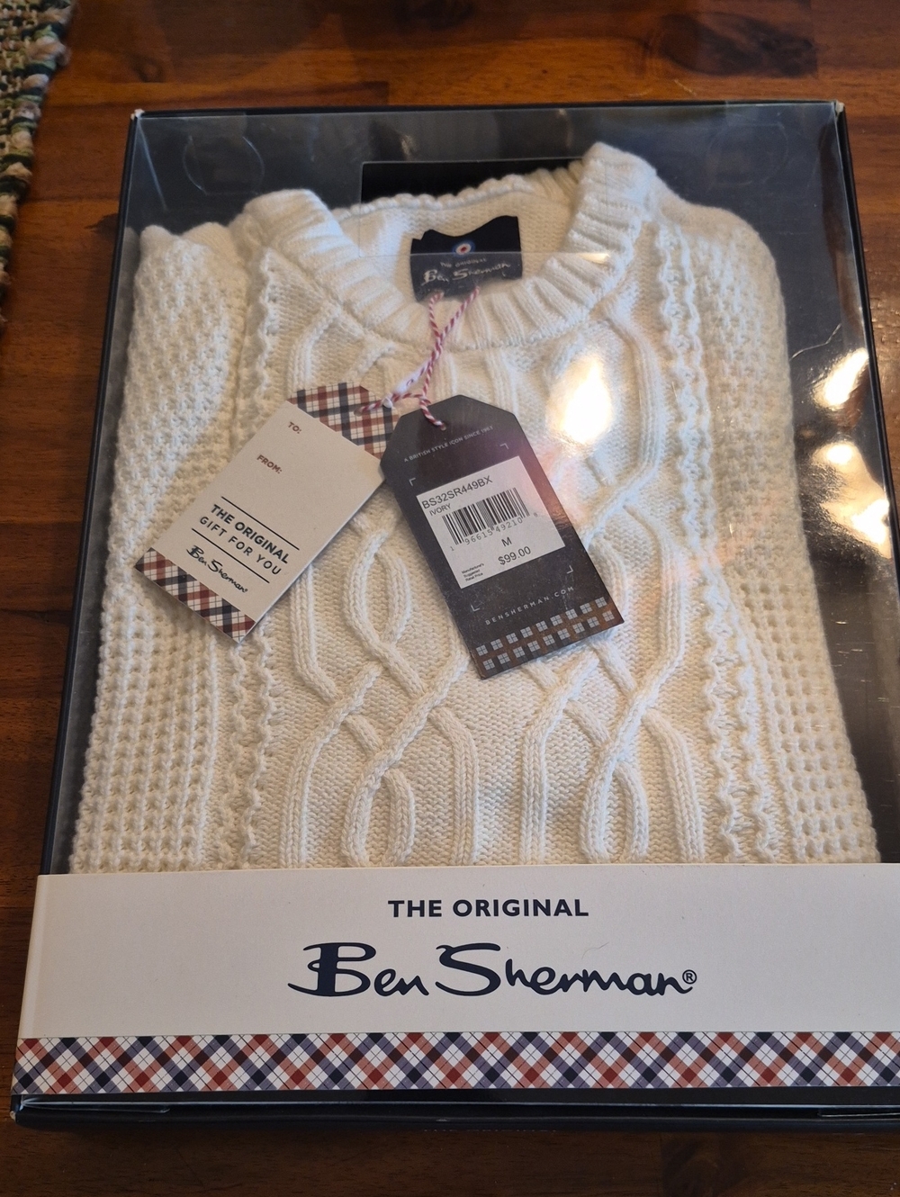 Ben Sherman Cream Cable Knit Crewneck Sweater Gift Boxed Medium